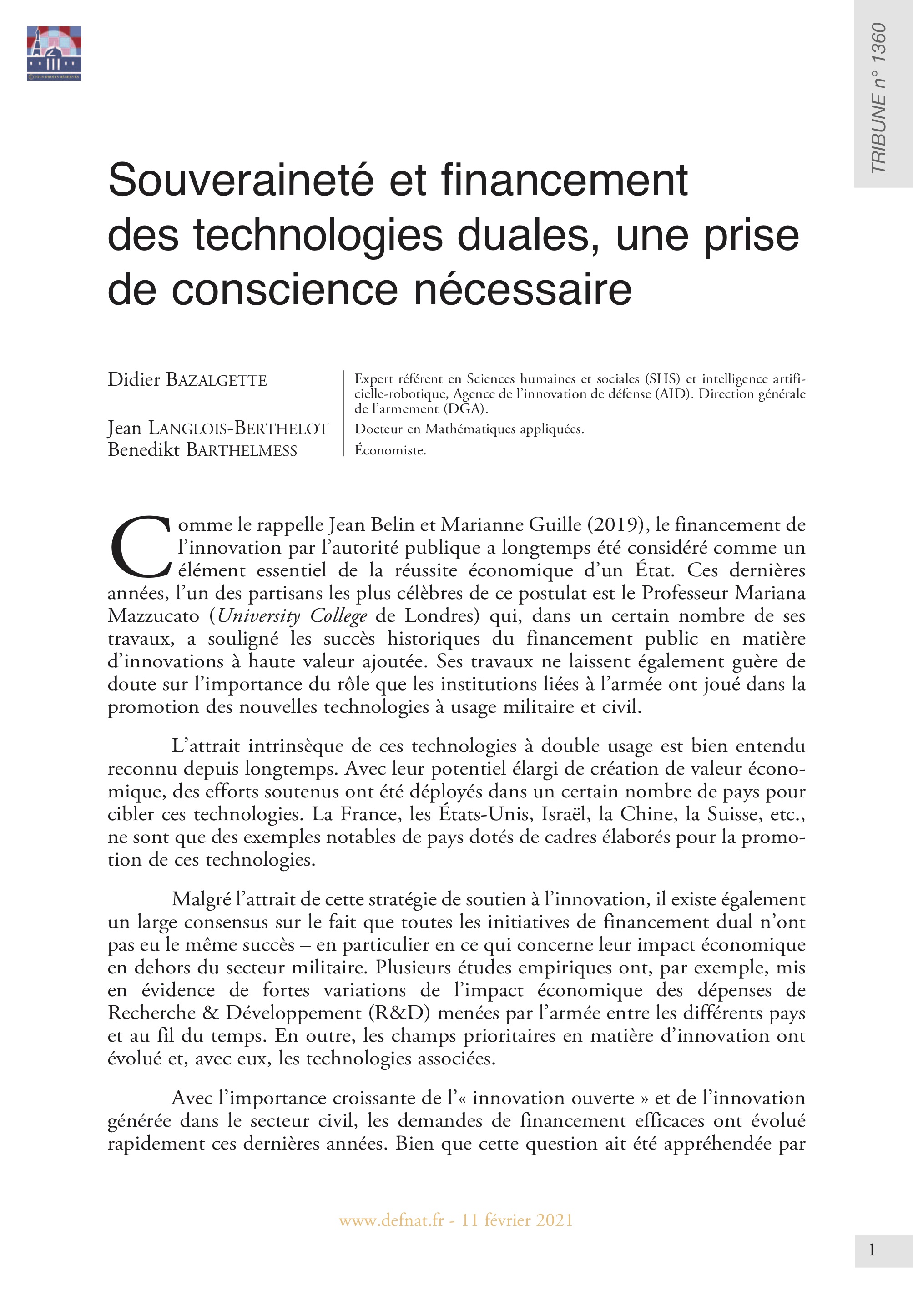 Souveraineté et financement des technologies duales, une prise de conscience nécessaire (T 1360)
